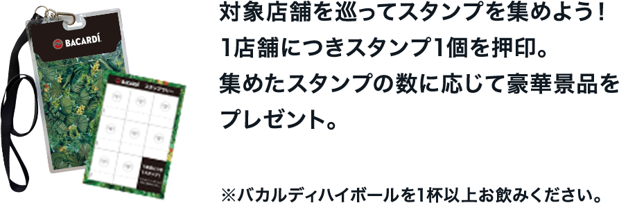 対象店舗を巡ってスタンプを集めよう！1来店につき１スタンプを押印。８スタンプでモバイルバッテリー入りのオリジナルギフトボックスがもらえる！（先着５０名様）※バカルディハハイボールを1杯以上お飲みください。