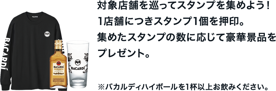 対象店舗を巡ってスタンプを集めよう！1来店につき１スタンプを押印。８スタンプでモバイルバッテリー入りのオリジナルギフトボックスがもらえる！（先着５０名様）※バカルディハハイボールを1杯以上お飲みください。