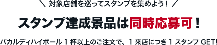 対象店舗を巡ってスタンプを集めよう！スタンプ達成景品は同時応募可！バカルディハイボール1杯以上のご注文で、1来店につき1スタンプGET!